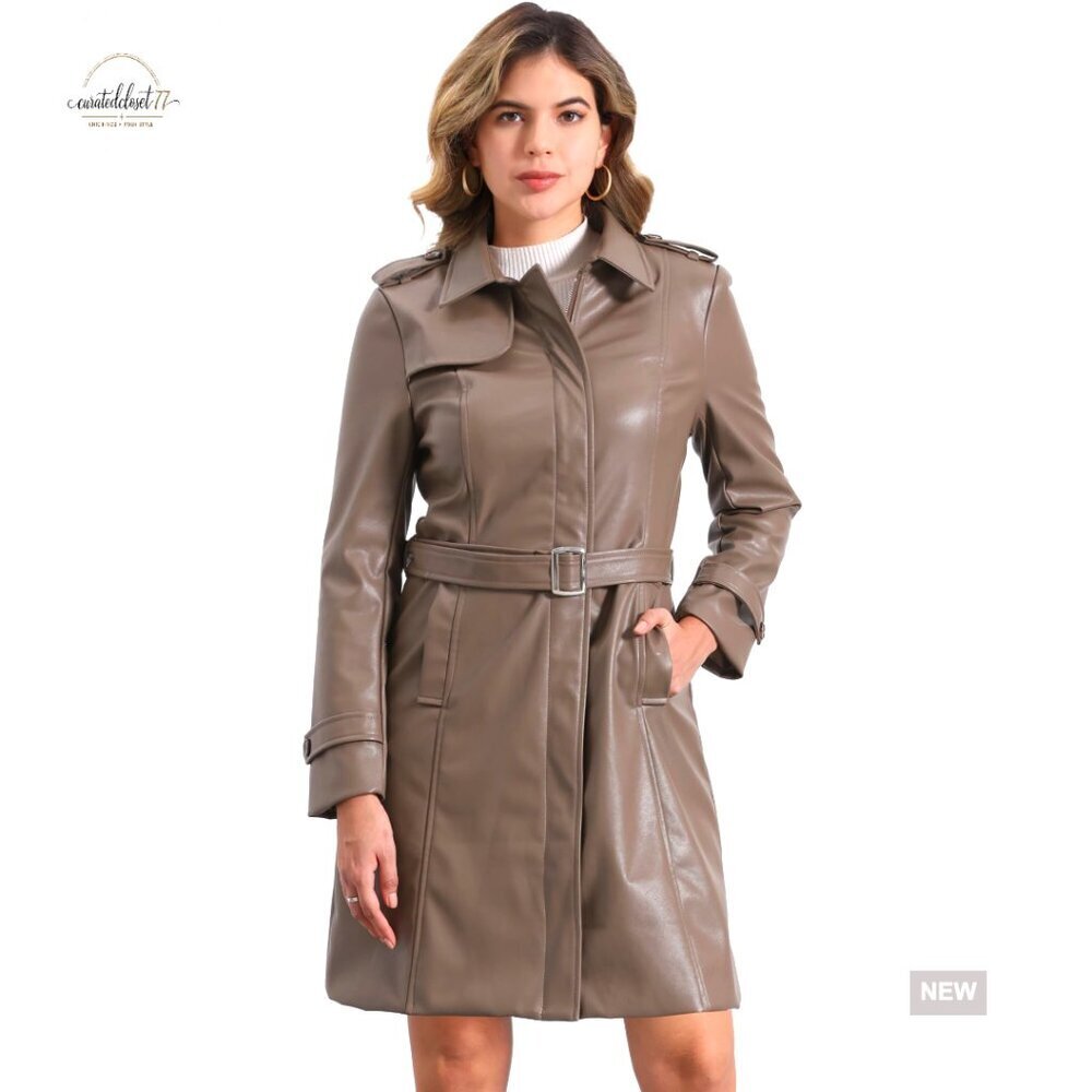 Faux Leather Trench Coat with Belt, Zipper Front, Slim Fit